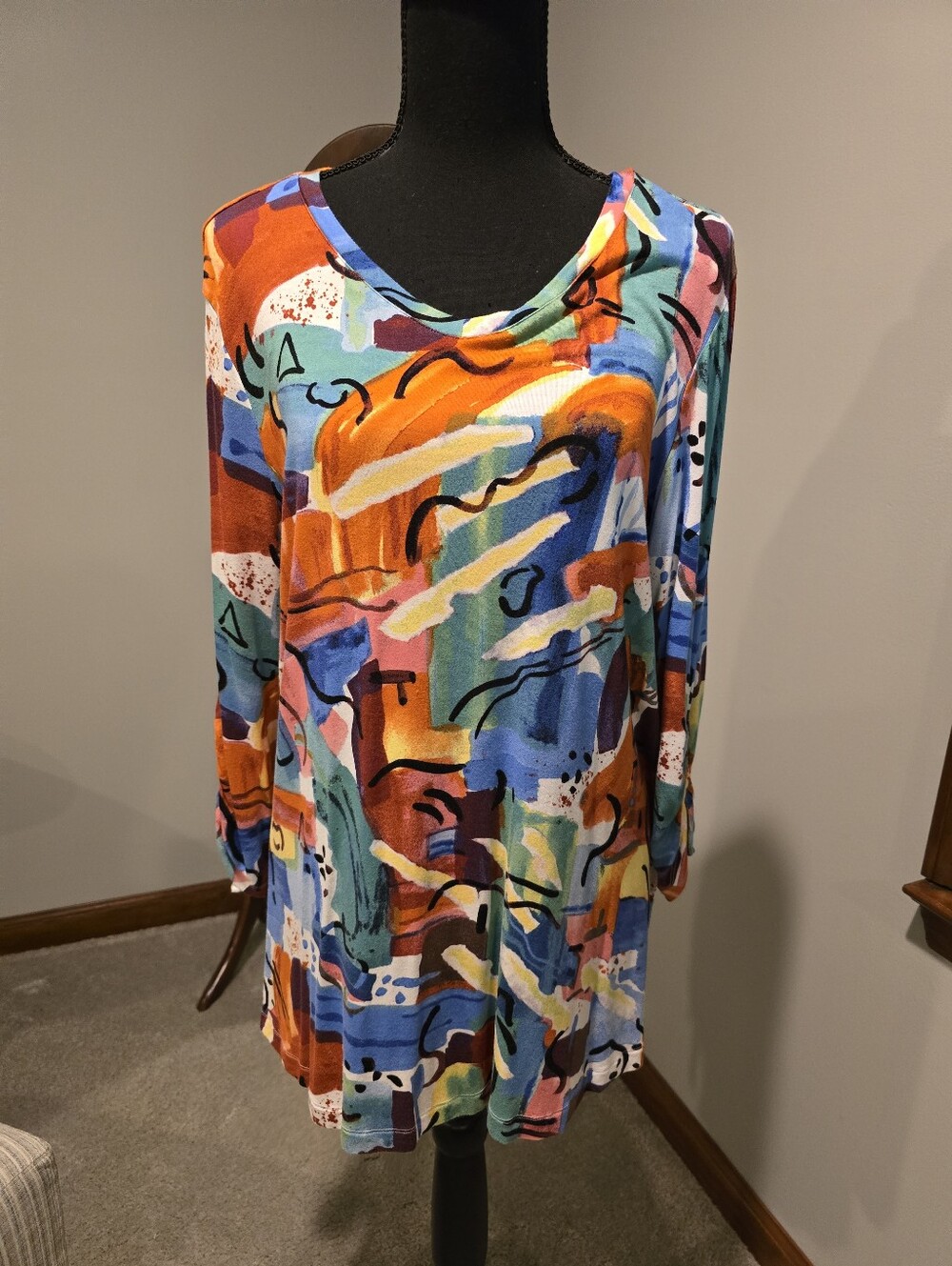 Ali Miles Multicolor Abstract Long Sleeve Tunic - Orange, Blue, Teal
